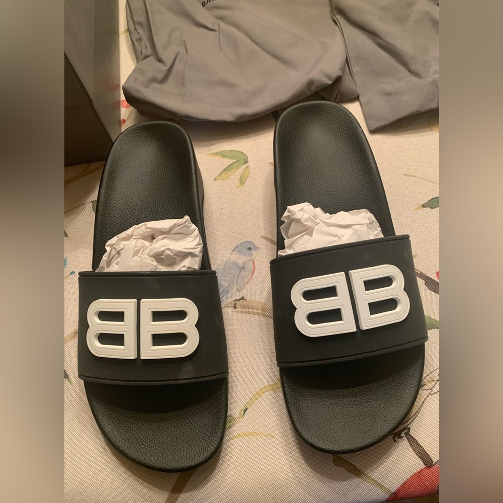 Balenciaga Black Slides with White Logo EU 39C US  9
